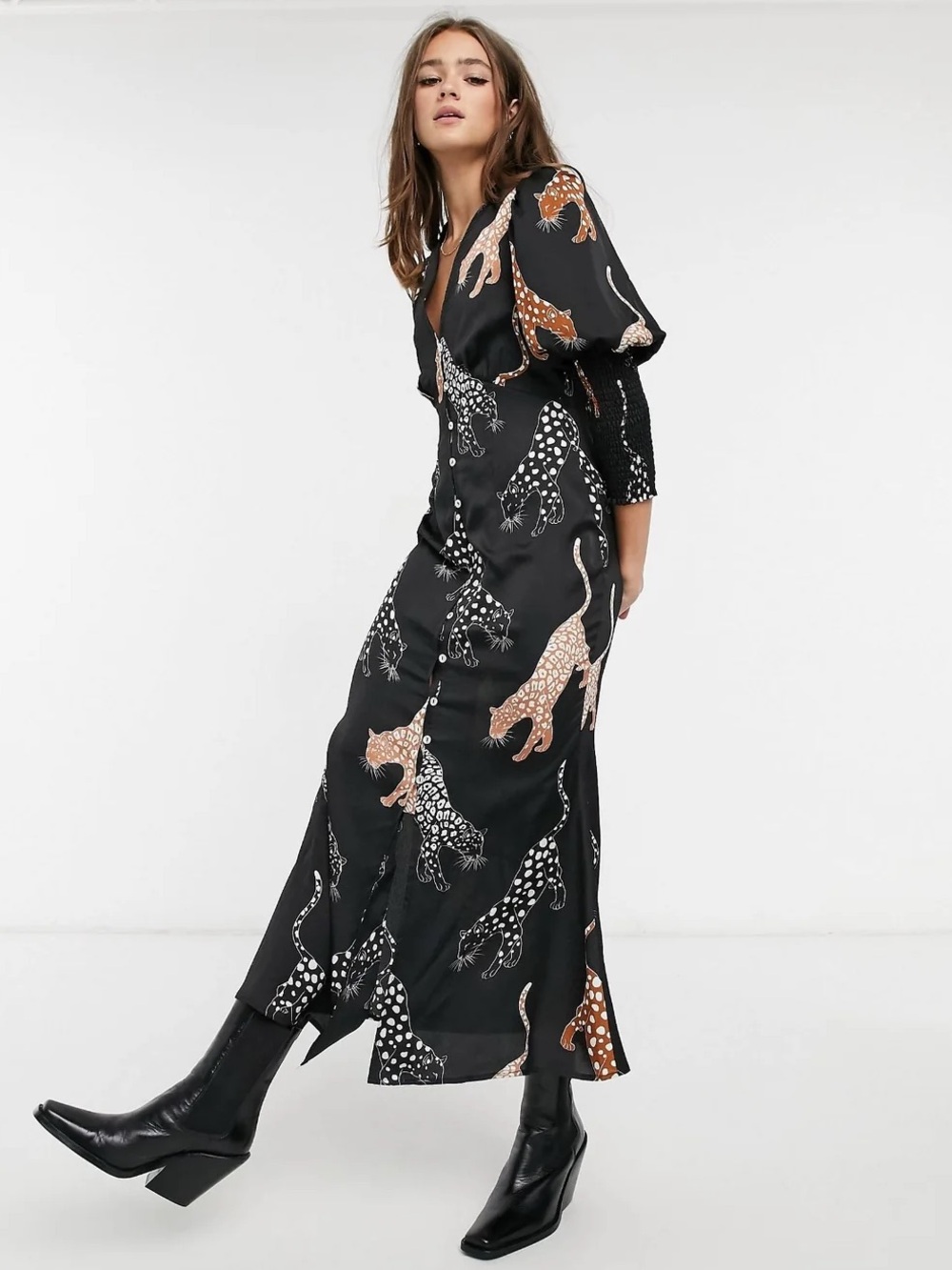 Never Fully Dressed || Satin Puff Sleeve Midi Maxi Dress Leopard Jaguar Black 6